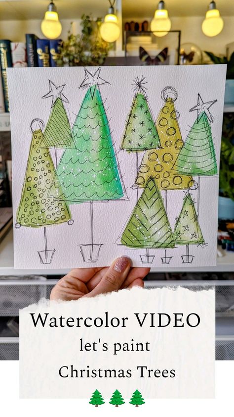 Waterpaint Christmas Cards Easy, Watercolor Doodles Easy Christmas, Watercolor Christmas Tree Simple, Water Colour Christmas Cards Ideas Easy, Easy Water Colour Christmas Cards, Easy Watercolour Christmas, Easy Watercolor Christmas Cards Video Tutorials, Watercolor Christmas Tree Cards, Watercolor Art For Beginners Christmas