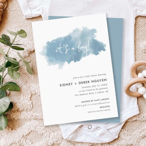 Minimalist Ink Wash Its A Boy Baby Shower Invitat Invitation #zazzle #weddinginvitations #birthdayinvitations #babyshowerinvitations #zazzleinvitations #monogram #businesscards #graduation #homedecor Baby Boy Invitations, Its A Boy, Watercolor Baby Shower, Hipster Babies, Minimalist Typography, Minimalist Baby, Simple Invitation, Party Details, Invitation Ideas