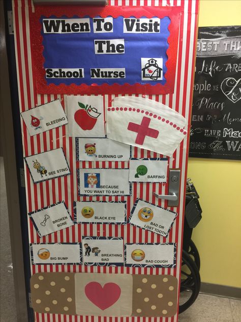 Back to school nurse door- when to visit the school nurse Nurse Bulletin Board Ideas, School Nurse Bulletin Board Ideas, School Nurse Office Door, School Nurse Door Decoration, Nurse Door Decorations, School Nurse Decorations, Nurse Door Sign, School Nurse Elementary, School Nurse Door