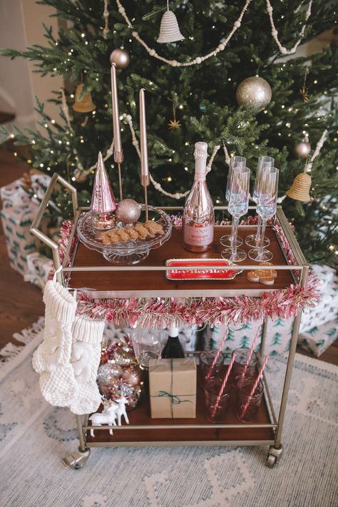 How To: Christmas Bar Cart – Southern Curls & Pearls Gingerbread Man Party, Bar Cart Inspo, Christmas Bar Cart, Holiday Bar Cart, Tree Bar, Southern Curls And Pearls, Potted Christmas Trees, Holiday Bar, Snowy Christmas Tree