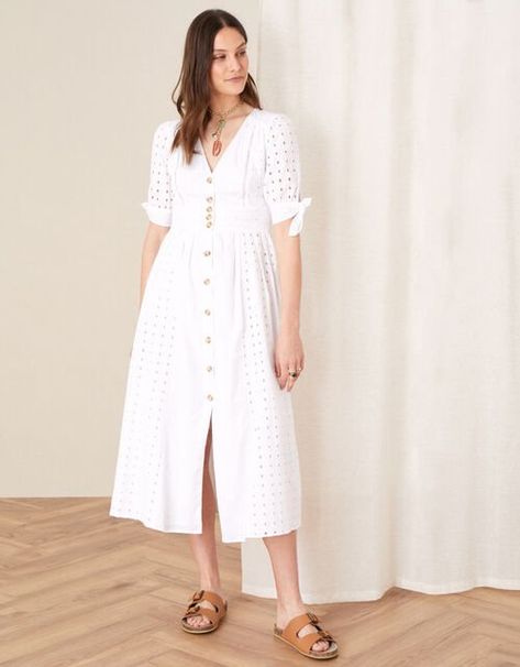 Schiffli Dress, Summer Midi Dress, Dolly Dress, Pleated Shirt Dress, Midi Dress White, Contemporary Dresses, Casual Day Dresses, Midi Dress Summer, Satin Midi Dress