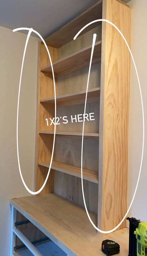 DIY Built-In Ikea Bookcase Desk - Ikea Bookcase Desk, Diy Built In Desk, Built In Desk And Shelves, Diy Built In, Ikea Built In, Ikea Bookcase, Office Built Ins, Built In Shelves Living Room, Bookcase Diy