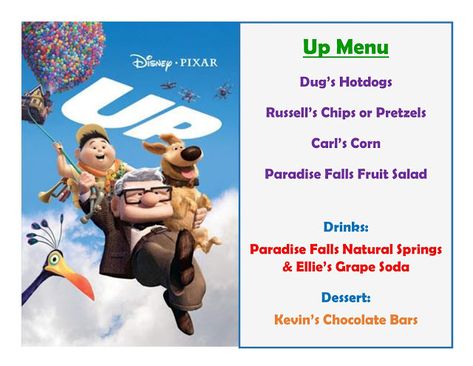 DISNEY MEAL #5 - UP! Has link to pictures of How the Meal Came Together & The Treat! Happiest Memories On Earth - is an awesome blog that has SO MANY Disney Meal Ideas and MORE!! Disney Movie Themed Dinner, Movie Meals, Disney Cookbook, Disney Meals, Disney Movie Night Menu, Theme Dinners, Themed Meals, Disney Themed Movie Night, Disney Movie Night Food