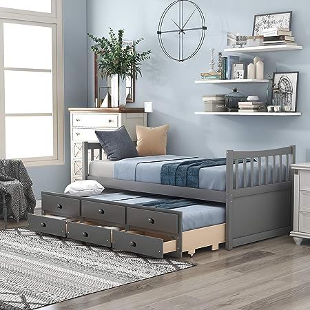 P PURLOVE Twin Size Daybed Wood Bedframe with Drawer Twin Size Trundle Bed Storage Bed Frame for Living Room,Guest Room, Bedroom,Gray Twin Captains Bed, Wood Twin Bed, Twin Daybed With Trundle, Daybed With Drawers, Twin Daybed, Twin Trundle Bed, Twin Trundle, Wood Daybed, Daybed With Storage