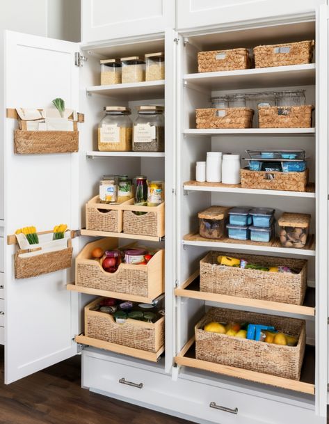 Behind Closed Doors: 46 Cleverly Concealed Pantry Ideas to Maximize Space Pantry Cubby Ideas, Pantry Out Of Cabinets, Coat Closet Turned Pantry, Pantry In Closet, U Shaped Pantry, Closet To Pantry Convert, Concealed Pantry, Small Pantry Remodel, Pantry Ideas Walk In