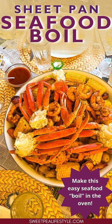 Sheet Pan Low Country Boil Recipe with Crab Legs is the seafood boil recipe you'll want to make when you're craving a variety of seafood! Crab Legs Boil, Shrimp Boil In Oven, Country Boil Recipe, Crab Boil Recipe, Low Country Boil Recipe, Crab Bake, Seafood Boil Recipe, Low Country Boil Party, Lowcountry Boil