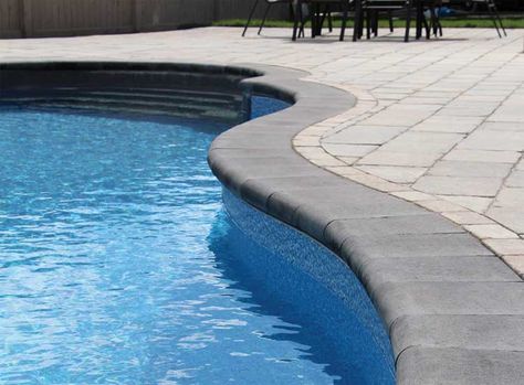 grey coping pools | Barollo™ Round Edge Coping Pool Coping Ideas, Swimming Pool Coping, Pool Decking Concrete, Pool Coping Tiles, Coping Tiles, Pool Paving, Pool Plaster, Landscaping Pool, Concrete Swimming Pool