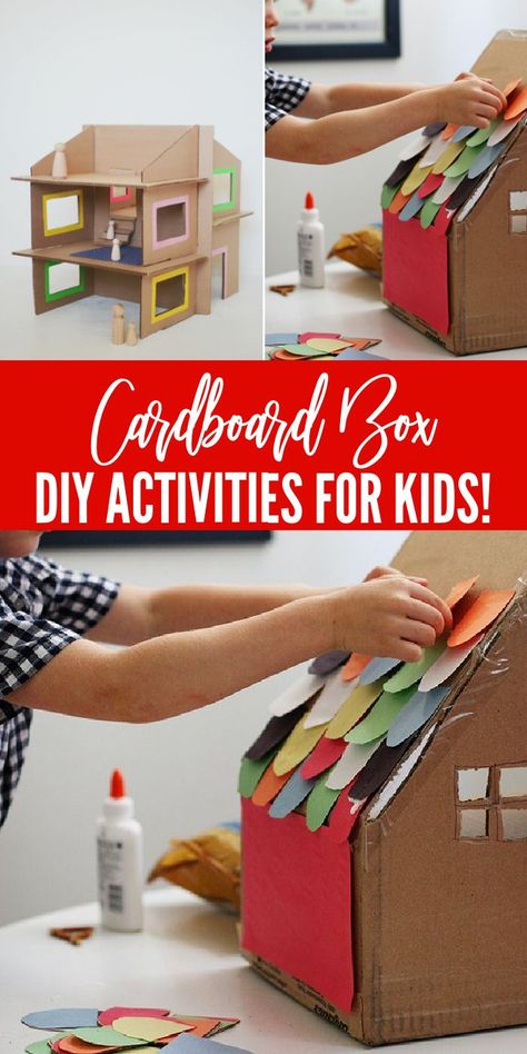 DIY Cardboard Box Activities for Kids Doll House Out Of Cardboard Boxes, Box Forts For Kids Easy, What To Make Out Of Cardboard Boxes, Toddler Cardboard Box Activities, Cardboard Toys Diy, Cardboard Box Houses For Kids, Diy Cardboard House For Kids, Small Cardboard Box Crafts, Easy Cardboard Crafts For Kids