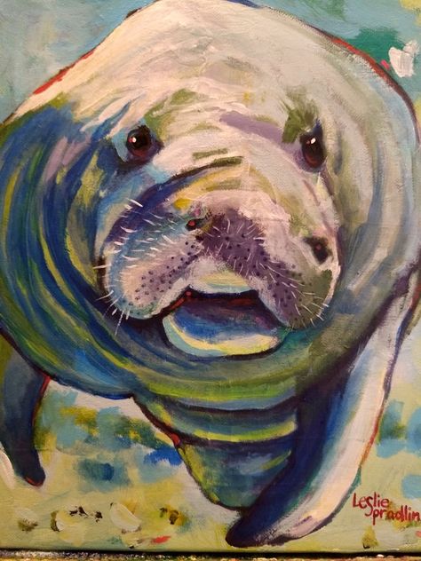 Manatee Painting Easy, Manatee Painting, Manatee Art, Pond Animals, Painted Fish, 2024 Art, Sea Cow, Colored Pencil Artwork, Watercolor Fish