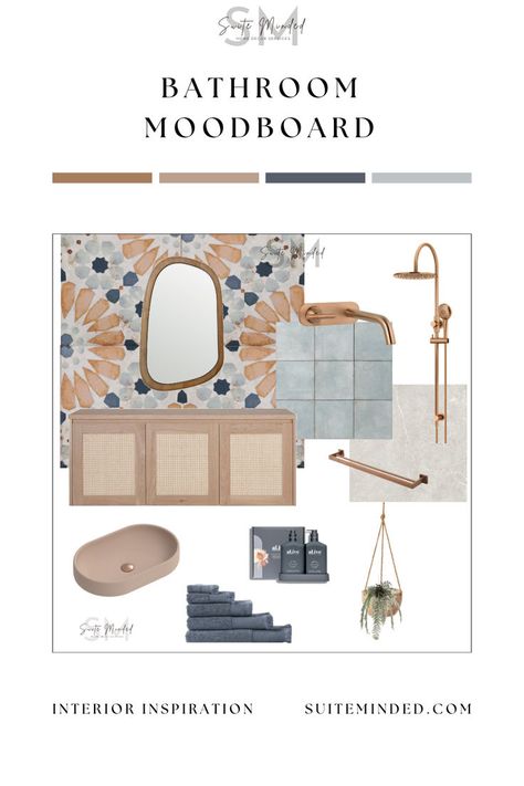 New bathroom mood board featuring these stunning wall tiles, soothing blue and soft tones, elegant bronze hardware, and an organic, natural touch. This design brings elegance, style, and relaxation together. Bathroom Mood Board, Interior Tips, Elegance Style, Bathroom Goals, New Bathroom, Boho Bathroom, Bronze Hardware, Mood Board Design, Bathroom Style