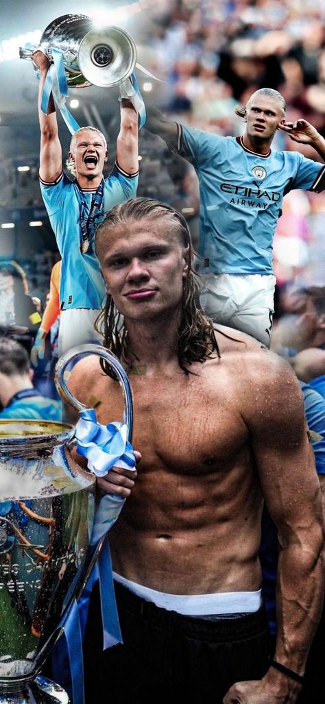 Haaland wallpaper of Him lifting the UEFA champions league Trophy after Manchester city wins against inter Milan in UCL 2023 and also the main picture of Manchester City parade with Haaland shirtless showing his abs Football Wallpaper Haaland, Mancity Wallpapers 2023, Haaland Manchester City Wallpaper, Haaland Wallpaper Man City, Uefa Champions League Trophy, Man City Squad, Man City Wallpaper, Haaland Wallpaper, Haaland Manchester City