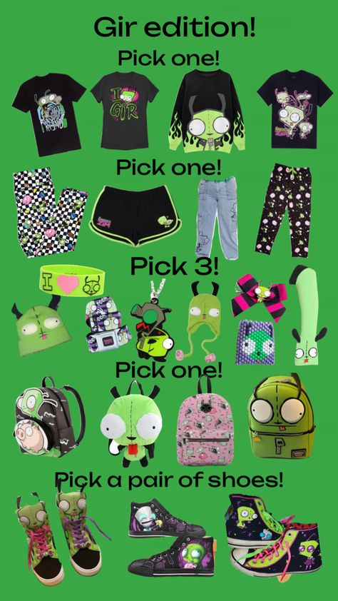 Gir edition! :33 #Invaderzim #gir #silly #pickone #clothes #giriscute Scene Outfits Aesthetic, Scenecore Clothes, Scenecore Outfit, The Scene Aesthetic, Scene Kandi, Kawaii Outfit Ideas, Scene Core, Scene Outfits, Roblox T-shirt