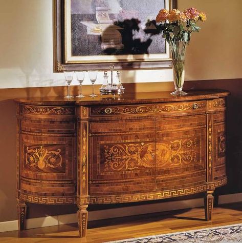 DM-A411 Demi-Lune – David Michael Furniture Round Extendable Table, Key Locks, Empire Furniture, British Colonial Style, Inlay Furniture, David Michael, Solid Wood Sideboard, Into The Wood, Luxury Dining Room