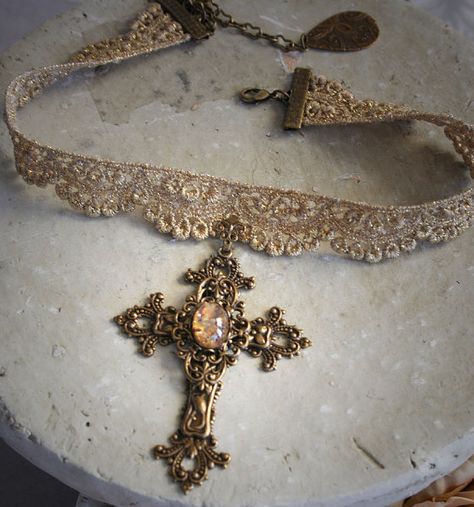 PEARLS OF GRACE Victorian cross necklace by TheVictorianGarden, $42.00 Victorian Cross Necklace, Cross Neckless, Women Jewellery, Beaded Jewlery, Lace Bands, Pearl And Lace, Rosary Necklace, Vintage Style Jewellery, Cross Design