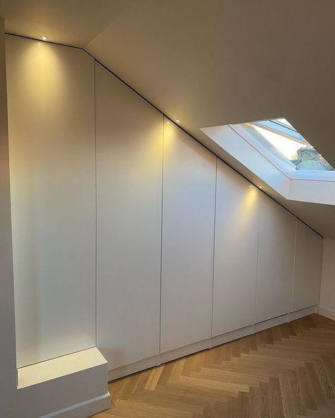 ikea pax sloped ceiling • Instagram Ikea Hacks Sloped Ceiling, Sloped Ceiling Built Ins, Wardrobe Sloped Ceiling, Vaulted Ceiling Storage, Attic Wardrobe Ideas Sloped Ceiling, Sloping Ceiling Bedroom, Dormer Bedroom Ideas Sloped Ceiling, Loft Conversion Ideas Layout, Dormer Bedroom Ideas