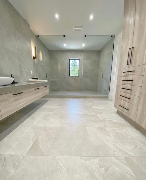 Perfect Level Master | When you have this kind of space, there is no choice but to #MakeItPerfect.⁠ ⁠ “Allllllooot of work went into this one. From layout to… | Instagram Large Tile Wet Room, Large Marble Tile Floor, Large Stone Tile Bathroom, Wall To Floor Tile Bathroom, 48x48 Porcelain Tiles, Large Format Tile Bathroom Master Bath, Apartment Tile Flooring, Large Tile Floors, Bathroom Floor And Wall Tile Ideas Modern