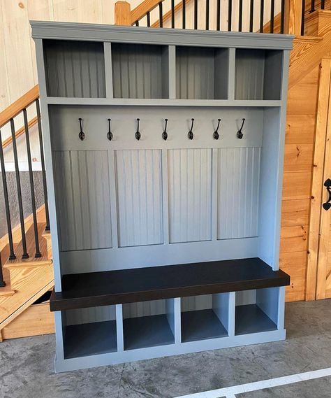 Mudroom locker perfect for any Entryway Hall Sizing and colors can be custom Units come In heights either 80" tall or 84" unless custom request . Units ships ready made in two ready made sections. Unit comes standard painted white with a red oak bench top stained Khona . Please note colors can be custom . Mudroom Shelves, Farmhouse Hall Trees, Modern Farmhouse Mudroom, Mudroom Locker, Hall Tree Entryway, Shoe Storage Mudroom, Mudroom Cubbies, Townhouse Ideas, Mudroom Remodel