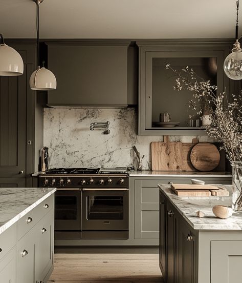 30 Kitchens designs with dark cabinets to inspire you Dark Cabinet Color Schemes, Dark Taupe Kitchen Cabinets, Kitchens Designs, Dark Grey Kitchen Cabinets, Taupe Kitchen, Moody Kitchen, Dark Brown Cabinets, Dark Grey Kitchen, Devol Kitchens