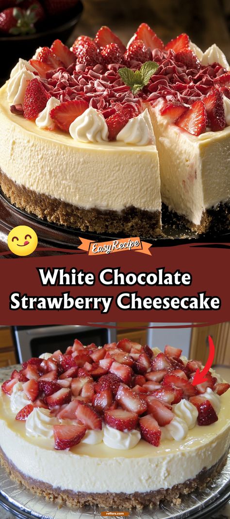 Indulge in the decadence of White Chocolate Strawberry Cheesecake. This creamy, dreamy dessert pairs rich white chocolate with the fresh zest of strawberries for a truly luxurious treat. #StrawberryCheesecake #WhiteChocolate #DecadentDessert White Chocolate Cherry Cheesecake, White Chocolate Peanut Butter Cheesecake, Strawberry Cheesecake Decoration Ideas, Fruity Cheesecake Recipes, Cheesecake Station, Fruit Cheesecake Recipes, Cheesecake For Christmas, Mini White Chocolate Cheesecake, Canning Strawberries