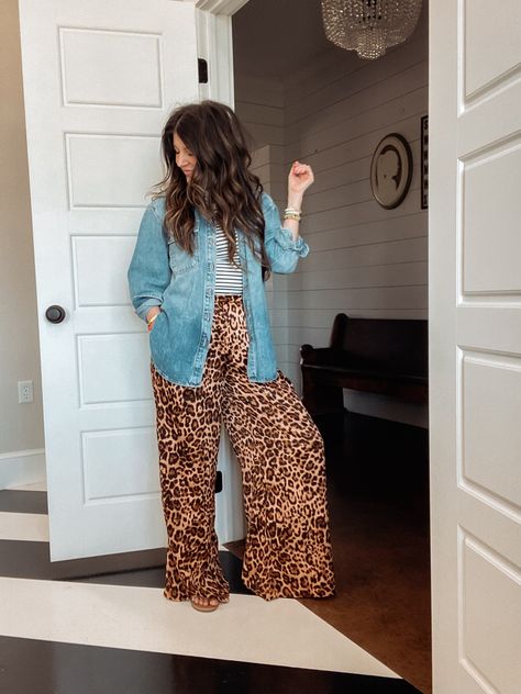 Women's Long Sleeve Oversized … curated on LTK Wide Leg Camo Pants Outfit, Leopard Pants Outfit Fall, Flowy Pants Outfit Fall, Wide Leg Leopard Pants Outfit, Cheetah Pants Outfit, Leopard Top Outfit, Salon Outfits, Leopard Pants Outfit, Flowy Pants Outfit