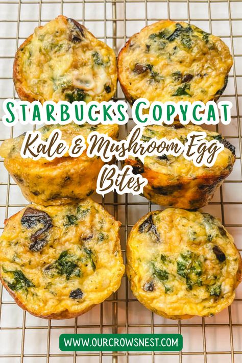 Looking for a quick breakfast that you can meal prep? This Starbucks Kale and Mushroom Egg Bites Recipe will give you a healthy breakfast in no time!  These delicious egg bites are chewy and are packed with leafy kale and hearty Portobello mushrooms.  A little bit of Monterey jack cheese is used to give our homemade egg bites a lovely creaminess.  
#eggbites #kaleandmushroomeggbites #freezerbreakfast #easybreakfastideas Kale And Mushroom Egg Bites, Kale Mushroom Recipe, Homemade Egg Bites, Mushroom Egg Bites, Glazed Scones, Starbucks Sous Vide Egg Bites, Starbucks Egg Bites Recipe, Kale And Mushroom, Bite Size Breakfast