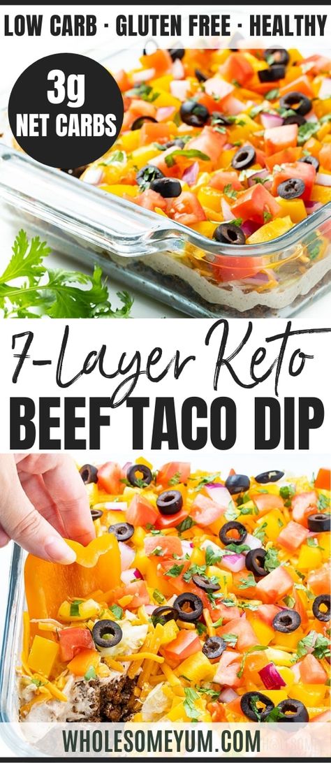 Keto Taco Dip, Beef Taco Dip, Taco Dip With Meat, Layer Taco Dip, 7 Layer Taco Dip, 7 Layer Dip Recipe, Layered Taco, Layered Dip Recipes, Layered Taco Dip