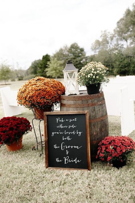 Fall Wedding Mums, Wedding Mums, Fall Wedding Ceremony Decorations, Gazebo Wedding Decorations, Barrel Wedding, Fall Wedding Ceremony, Wedding Reception Table Decorations, Gazebo Wedding, Whisky Barrel