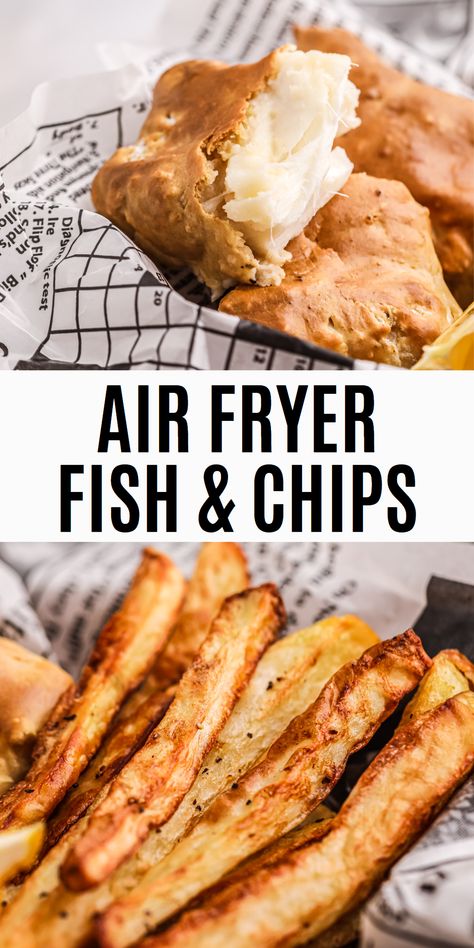 Air Fryer Fish & Chips Beer Batter Fish And Chips Air Fryer Recipe, Air Fryer Fish And Chips Beer Batter, Homemade Fish And Chips Air Fryer, Gluten Free Fish Batter Air Fryer, Air Fry Fish And Chips, Fish And Chips Air Fryer Recipe, Air Fryer Battered Fish, Beer Battered Fish Air Fryer, Air Fried Fish And Chips