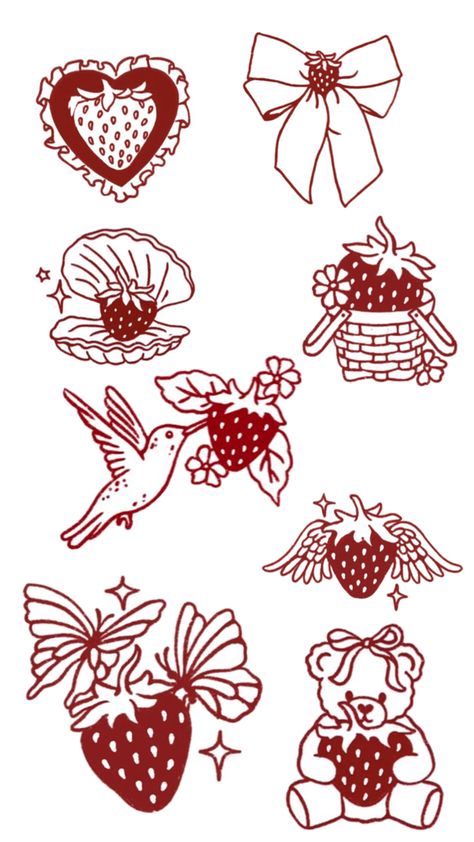 Strawberry Design Illustration, Strawberry And Cherry Tattoo, Strawberry Bow Tattoo, Sticker Flash Tattoo, Strawberry Flash Tattoo, Sweet Like Cinnamon Tattoo, Strawberry Illustration Design, Strawberry Doodle Aesthetic, Heart Strawberry Tattoo