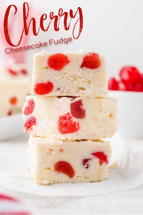 Cherry Cheesecake Fudge - Switch up your fudge game and start making THIS fudge for the holidays! Candied cherries are buried in premium white chocolate, and chilled to perfection. Creamy, rich, and decadent, this recipe is easy and addicting all at once. #fundge #cherry #cheesecake #valentinesday #christmas #holidays | See this and other delicious recipes at TheSeasideBaker.com White Fudge With Cherries, Cherry Cordial Fudge Recipe, White Chocolate Cherry Fudge, Southern Christmas Candy Recipes, Flavored Fudge Recipes, Candy Recipes Homemade Easy, Cheesecake Fudge Recipe, Chocolate Cherry Fudge, Flavored Fudge