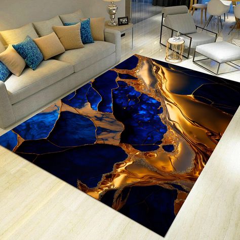 Luxury Living Room Area Rugs, Blue Gold Rug, Blue Area Rugs In Living Room Farmhouse, Marble Flooring Design Living Room, Custom Rugs Design, Modern Style Living Room Decor, Blue And Gold Living Room, Blue Marble Wallpaper, Marble Rug