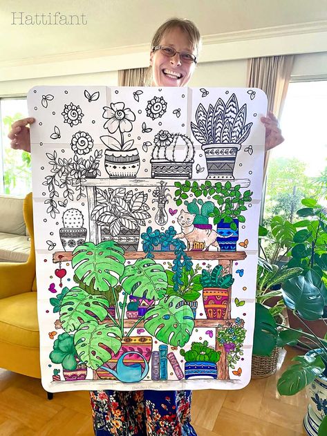 GIANT Poster | 'A Kitty on the Plant Shelf' - Hattifant Tangled Flower, Coloring Brush Pen, Giant Poster, Poster Color, Coloring Supplies, Printed Pages, Plant Shelves, Colored Pens, Pop Up Cards