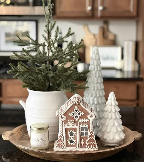 Christmas Decorative Tray, Display Cabinet Christmas Decor, Decor For January Home, Christmas Decor Above Tv, Christmas Decor On Kitchen Island, Holiday Vignettes Decorating Ideas, Center Piece Christmas Decor, Christmas Decor Ideas For Side Table, Cozy Neutral Christmas Decor