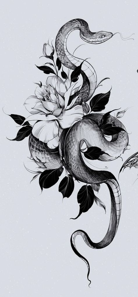 Black Snake And Flower Tattoo Design, Peonies Snake Tattoo, Snake And Flowers Tattoo Back, Snake Lily Tattoo, Snake And Flower Back Tattoo, Snake Tattoo Large, Snake And Lily Tattoo, Snake Leaves Tattoo, Water Snake Tattoo