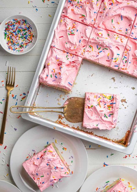 Funfetti Cake Sheet Cake, Strawberry Cake With Sprinkles, Confetti Sheet Cake, Pink Funfetti Cake, Colorful Sheet Cake, Pink Sheet Cake, Funfetti Sheet Cake, Vanilla Sheet Cake, Cowboy Cookie Recipe