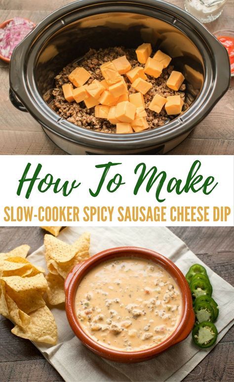 How to make slow-cooker spicy sausage cheese dip! Tired of the same old cheese dip? This one is packed full of flavor with spicy sausage, jalapenos, red onion, sour cream, salsa and creamy cheese. Cheese Dip Recipes Crockpot, Sausage Cheese Dip, Sausage Dip, Crock Pot Dips, Cheese Dip Recipes, Spicy Sausage, Superbowl Party Food, Cheese Flavor, Cheese Dip