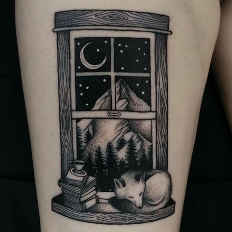 Mountain Tattoo Ideas, Scenic Tattoo, Cathedral Tattoo, Window Tattoo, Meat Art, Stained Glass Tattoo, Castle Tattoo, Tattoo Moon, Moon Mountain