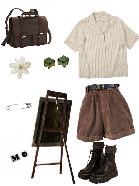 Gender Neutral Outfits Aesthetic Summer, Artcore Aesthetic Outfit, Artcore Outfit, Gender Neutral Outfits Aesthetic, Adventure Aesthetic Outfit, Goblincore Aesthetic Outfits, Earth Tone Clothes, Gender Neutral Outfits, Tan Outfit