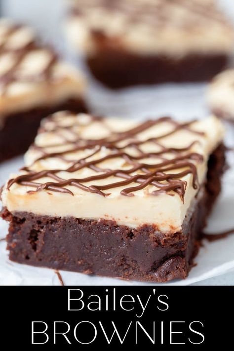 Bailey’s Brownies are a rich and fudge-y brownie topped with fluffy Bailey’s spiked buttercream! These are perfect for a fun adult dessert, especially on St. Patrick’s Day! Bailey Brownies, Baileys Dessert, Brownies From Scratch, Yummy Desserts Easy, Brownie Toppings, Bar Recipes, Mousse Recipes, Irish Recipes, Brownie Recipes