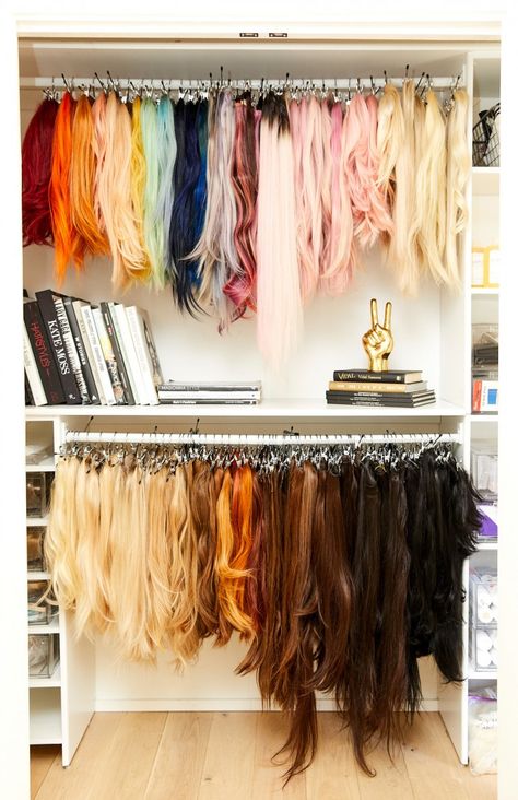 Inside Hair Stylist Chris Appleton’s Beauty Closet - Coveteur Wig Store Ideas, Wig Organization, Wigs Storage Ideas, Hair Extension Storage, Creativity Room, Costume Room, Salon Makeover, Wig Storage, Hair Station