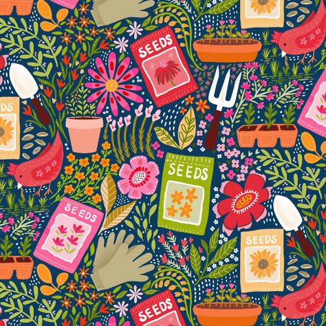 Dopamine Rush Seamless pattern collection by Zoe Feast Surface Design Portfolio, Gardening Seeds, Scale Fabric, Novelty Fabric, Recycled Canvas, Seed Packets, Canvas Designs, Happy Colors, Garden Flowers