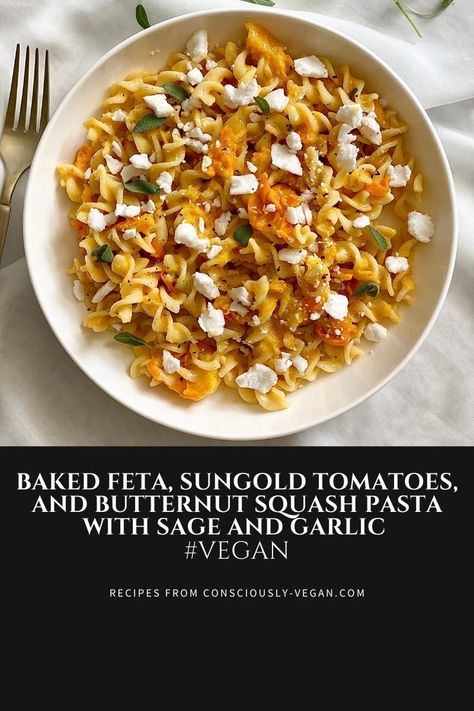 Vegan Feta Pasta, Tomato Feta Pasta, Pasta With Butternut Squash, Vegan Entree Recipes, Easy Fall Dinners, Vegan Feta, Vegan Feta Cheese, Fall Vegan Recipes, Butternut Squash Pasta