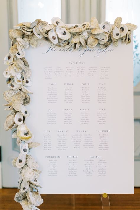 Oyster Shell Table Numbers, Seashell Seating Chart, Oyster Seating Chart, Oyster Garland, Weeding Themes, Merrimon Wynne, Winter January, Oyster Art, Seashell Wedding