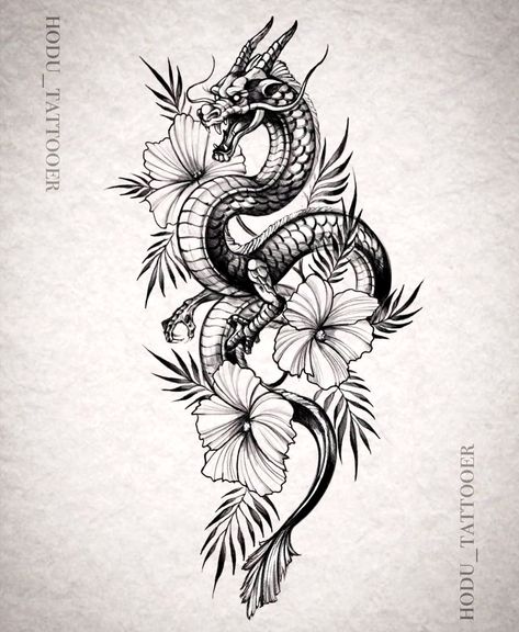 Sketches Dragon, Dragon Tattoo With Flowers, Dragon With Flowers, Blue Dragon Tattoo, Dragon Tattoo Drawing, Dragon Tattoo Sketch, Dragon Tattoos For Men, Cuff Tattoo, Dragon Tattoo Art