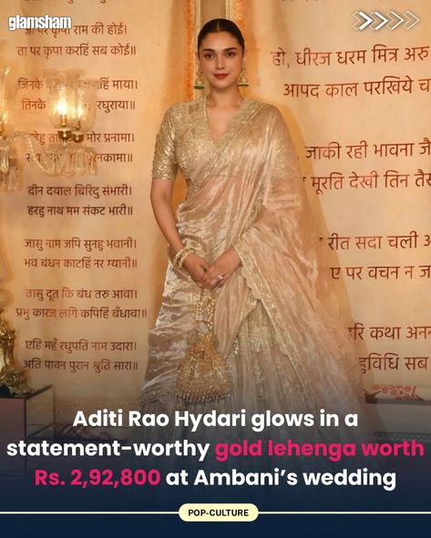 Fashion designer Ridhi Mehra's exquisite Persian gold swarn lehenga outfit, priced at Rs. 2,92,800, is Aditi Rao Hydari's choice. The classy ensemble is enhanced with a seductive twist thanks to an embroidered half-sleeve blouse with a tight silhouette, a deep V-neckline, and a circular cut-out at the back. The ensemble is heavily embroidered with gold sequins and has a floor-length lehenga skirt with scalloped edges and matching embroidery paired with a sheer tissue dupatta draped like a sar... Ridhi Mehra, Gold Lehenga, Lehenga Skirt, Half Sleeve Blouse, Gold Sequins, Deep V, Half Sleeves, Floor Length, Lehenga