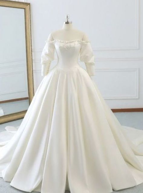 Ivory White Ball Gown Satin Off The Shoulder Puff Sleeve Wedding Dress Ball Gowns Fantasy Fairytale, Ball Gowns Fantasy, Ivory Ball Gown, Wedding Dress Fishtail, White Ball Gown, Puff Sleeve Wedding Dress, Different Wedding Dresses, Satin Mermaid Wedding Dress, Wedding Dresses Taffeta