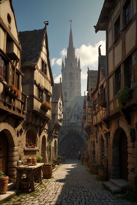 Medieval Scenery Art, Medieval Stone House, Medieval Town Aesthetic, Medieval Environment, Dark Fantasy Book, Planet Coaster, Fantasy Town, Fantasy City, Fantasy Places