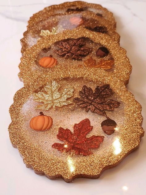 Fall Festive Resin Coasters - Etsy Coaster Designs Ideas, Resin Unique Products, Autumn Resin Art, Halloween Resin Ideas, Fall Resin Ideas, Christmas Resin Coasters, Resin Coasters Ideas, Unique Resin Ideas, Epoxy Business