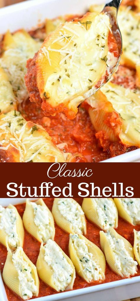 Classic Stuffed Shells - Make The Best Stuffed Shells For The Family Tortellini Pesto, Ricotta Stuffed Shells, Ricotta Filling, Stuffed Shells Ricotta, Homemade Marinara Sauce, Shells Recipe, Pasta Alfredo, Marinara Sauce Homemade, Diner Recept