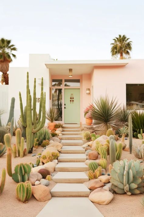 Bougainvillea Front Of House, Palm Springs Backyard Landscaping, Southwest Courtyard Ideas, Desert Homes Exterior Arizona, Eichler Backyard, Southwest Courtyard, Southern California Landscaping, Desert House Exterior, Xeriscape Backyard